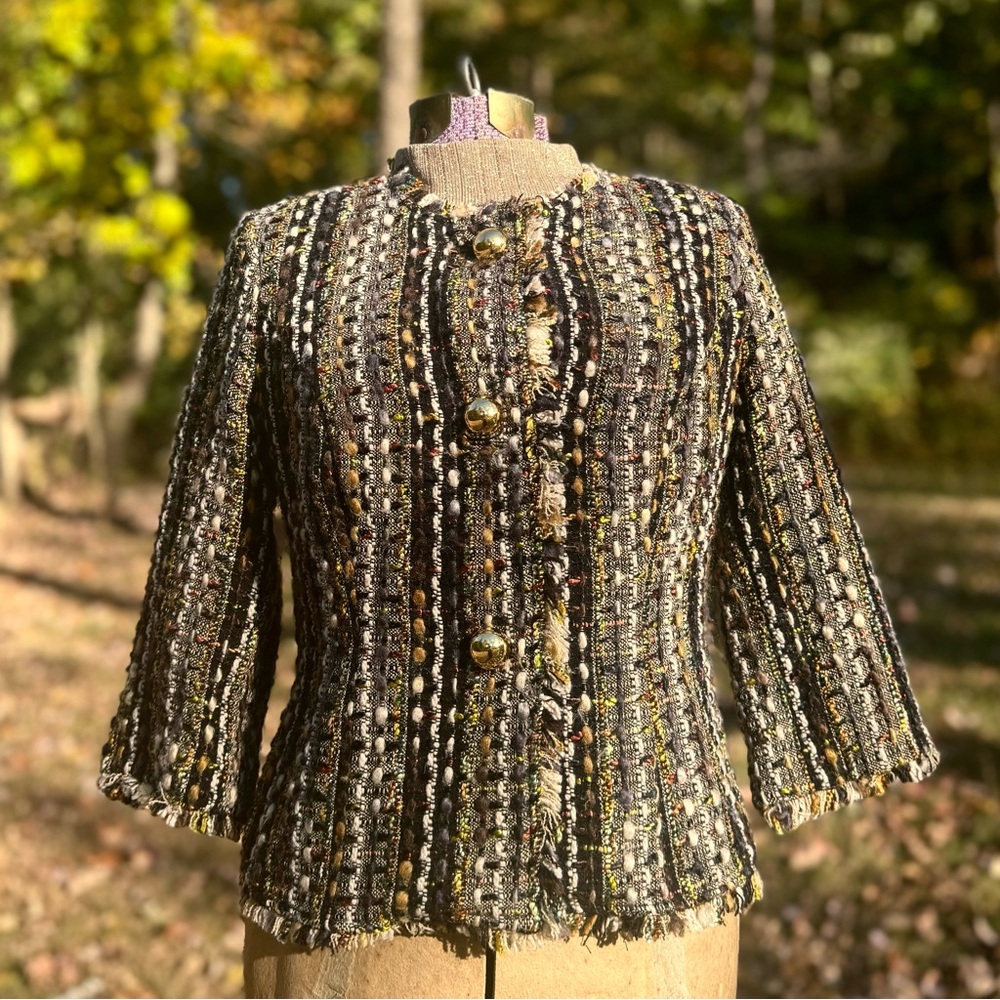 Cabi Bouclé knit wool blend 3/4 sleeve blazer with gold buttons Y2K Sz S